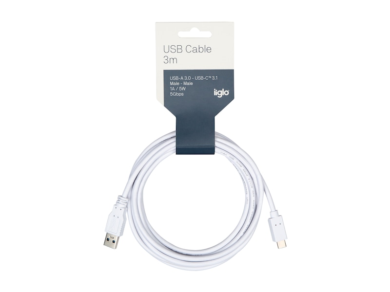 USB-A till USB-C kabel 3m (vit) USBkablar