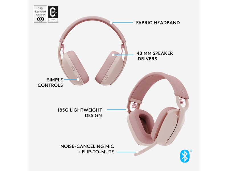 Logitech Zone Vibe 100 trådlös headset (rosa) Trådlöst