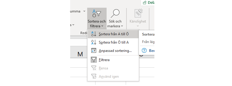 Filtrera data genom att trycka på den trattliknande knappen som bilden visar