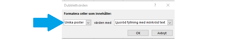 Här väljer du istället unika värden.