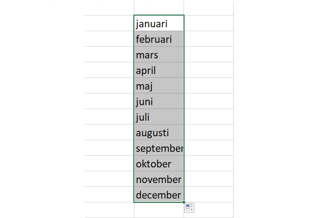 Genom att markera januari och längst ner i cellen till höger dra neråt så räknar Excel ut de andra månaderna.