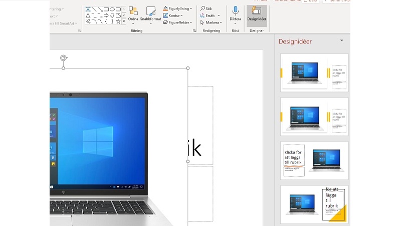Här ser vi de olika designalternativen PowerPoint rekommenderar till höger