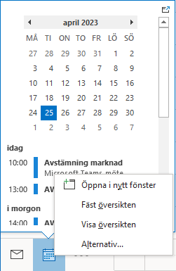 Högerklicka på kalendern för att få upp denna vy