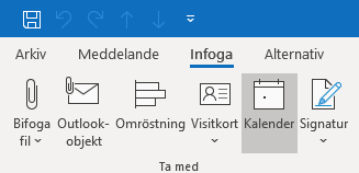 När du skriver ett nytt mail tar du fliken Infoga och väljer kalender